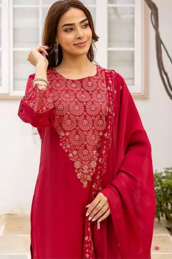 women ethnic motifs embroidered regular thread work kurta with patiala & with dupatta
