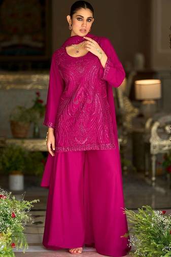 women ethnic motifs embroidered regular sequinned kurta with palazzos & with dupatta
