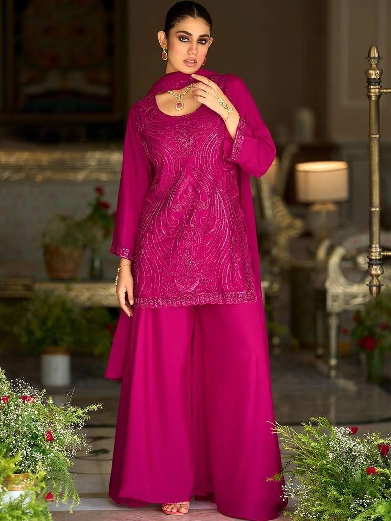 women ethnic motifs embroidered regular sequinned kurta with palazzos & with dupatta