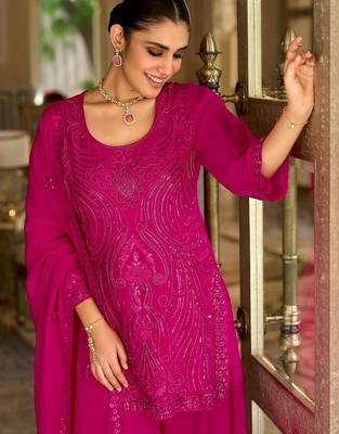 women ethnic motifs embroidered regular sequinned kurta with palazzos & with dupatta 2