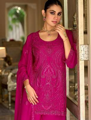 women ethnic motifs embroidered regular sequinned kurta with palazzos & with dupatta 4