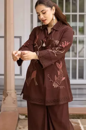 women ethnic motifs embroidered regular thread work cotton kurta with palazzos
