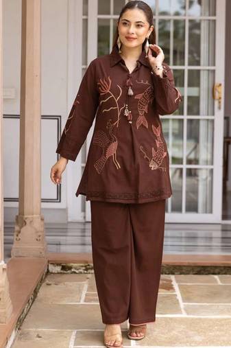 women ethnic motifs embroidered regular thread work cotton kurta with palazzos