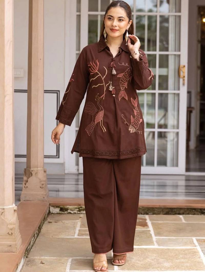 women ethnic motifs embroidered regular thread work cotton kurta with palazzos
