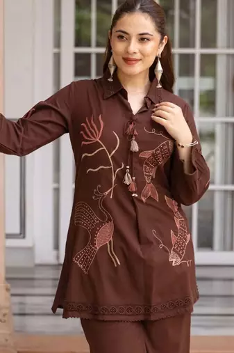 women ethnic motifs embroidered regular thread work cotton kurta with palazzos