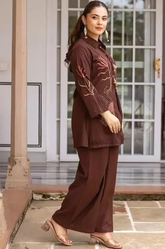 women ethnic motifs embroidered regular thread work cotton kurta with palazzos