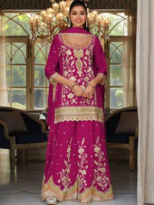 women ethnic motifs embroidered regular mirror work kurta with sharara & with dupatta 1