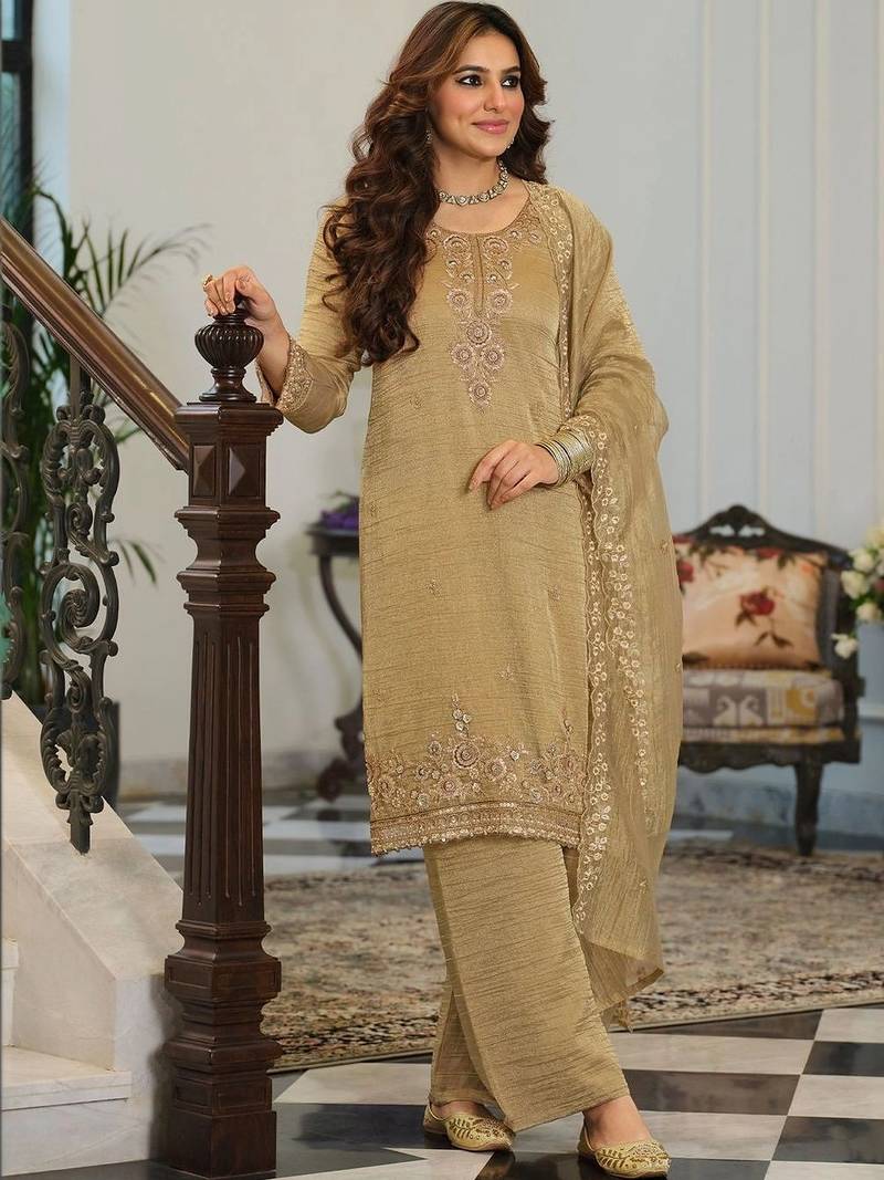 women ethnic motifs embroidered regular sequinned kurta with palazzos & with dupatta