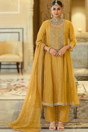 women ethnic motifs embroidered empire thread work kurta with trousers & with dupatta