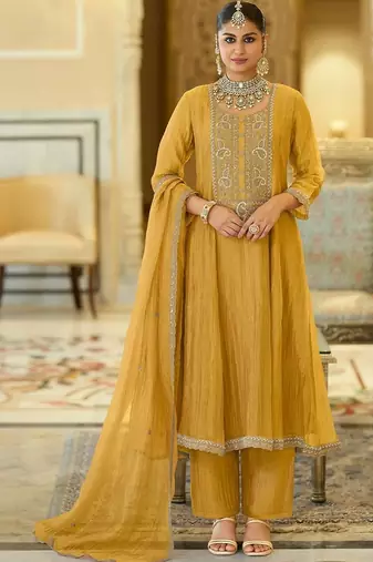 women ethnic motifs embroidered empire thread work kurta with trousers & with dupatta