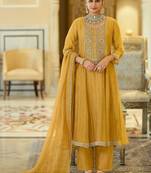 women ethnic motifs embroidered empire thread work kurta with trousers & with dupatta