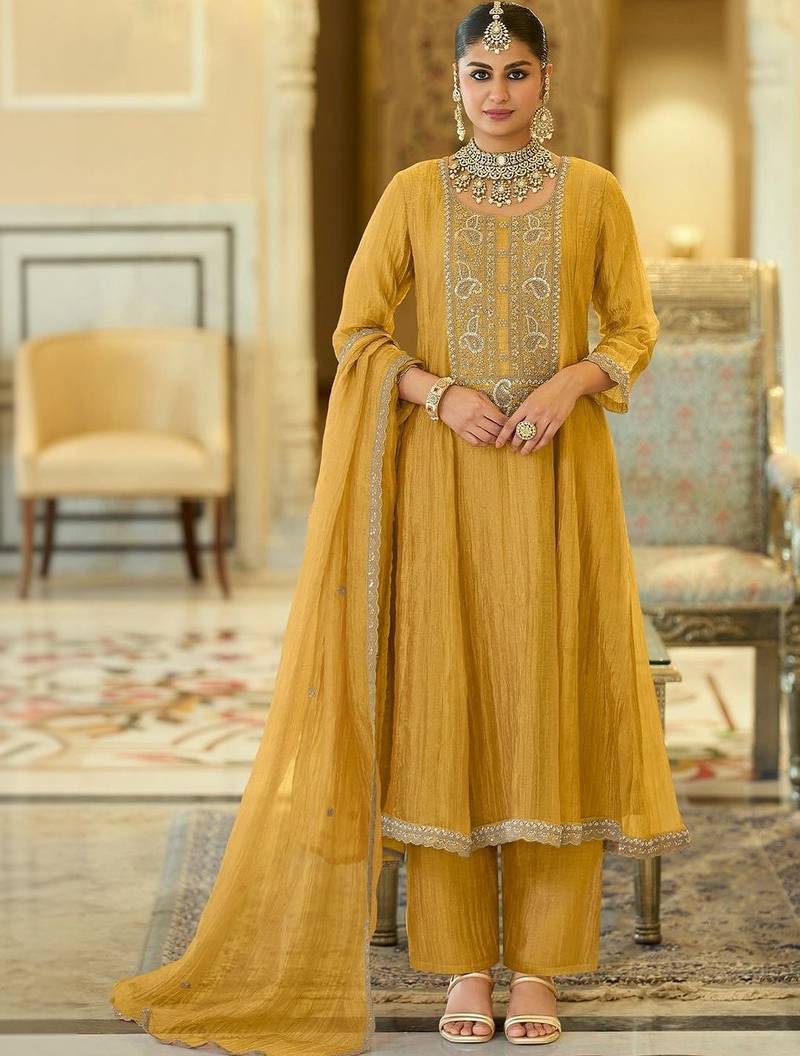 women ethnic motifs embroidered empire thread work kurta with trousers & with dupatta