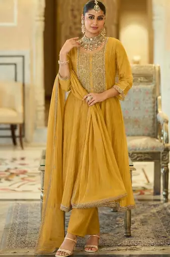 women ethnic motifs embroidered empire thread work kurta with trousers & with dupatta