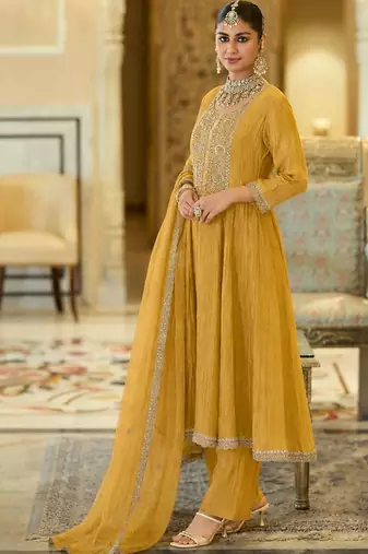 women ethnic motifs embroidered empire thread work kurta with trousers & with dupatta