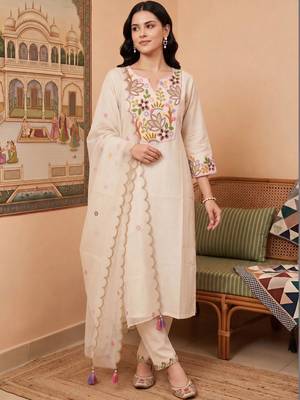 women ethnic motifs embroidered regular thread work liva kurta with trousers & with dupatta 1