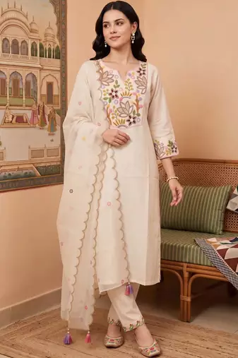women ethnic motifs embroidered regular thread work liva kurta with trousers & with dupatta
