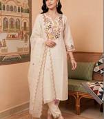 women ethnic motifs embroidered regular thread work liva kurta with trousers & with dupatta