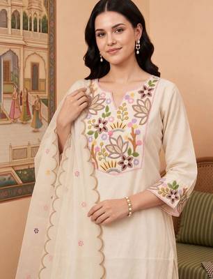 women ethnic motifs embroidered regular thread work liva kurta with trousers & with dupatta 2