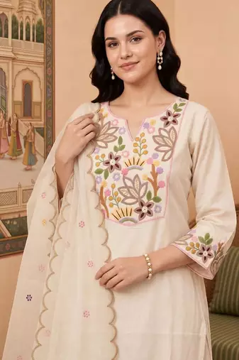 women ethnic motifs embroidered regular thread work liva kurta with trousers & with dupatta