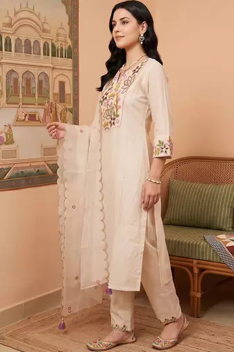 women ethnic motifs embroidered regular thread work liva kurta with trousers & with dupatta