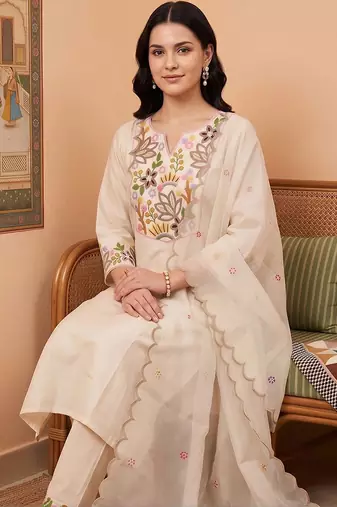 women ethnic motifs embroidered regular thread work liva kurta with trousers & with dupatta
