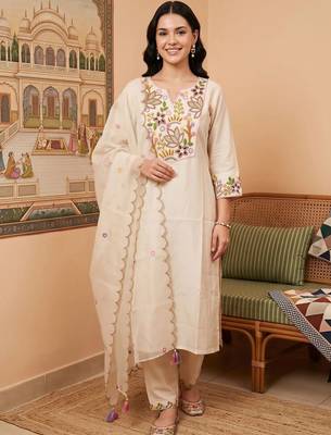 women ethnic motifs embroidered regular thread work liva kurta with trousers & with dupatta 6