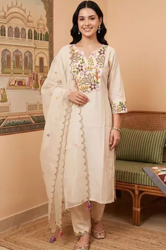 women ethnic motifs embroidered regular thread work liva kurta with trousers & with dupatta