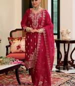 women ethnic motifs embroidered regular thread work kurta with trousers & with dupatta