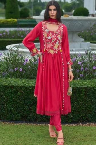 women floral embroidered empire thread work silk kurta with churidar & with dupatta