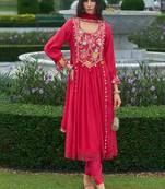women floral embroidered empire thread work silk kurta with churidar & with dupatta