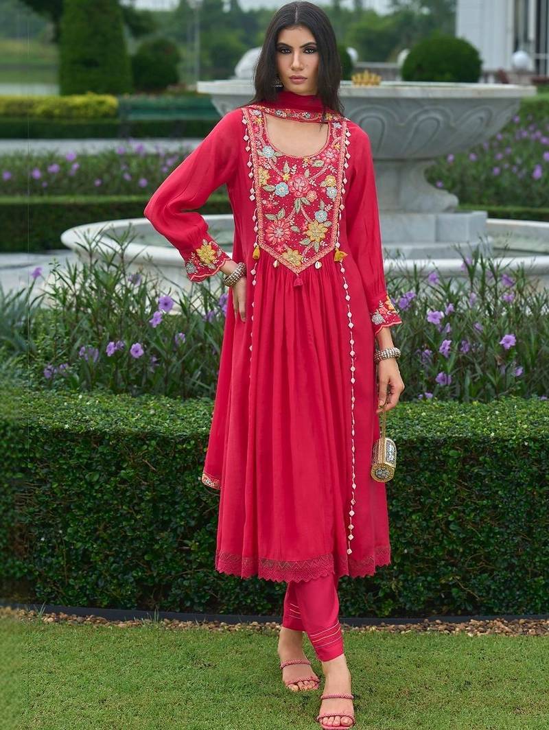 women floral embroidered empire thread work silk kurta with churidar & with dupatta