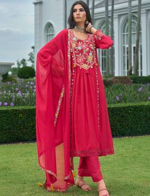 women floral embroidered empire thread work silk kurta with churidar & with dupatta 2