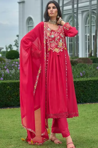 women floral embroidered empire thread work silk kurta with churidar & with dupatta