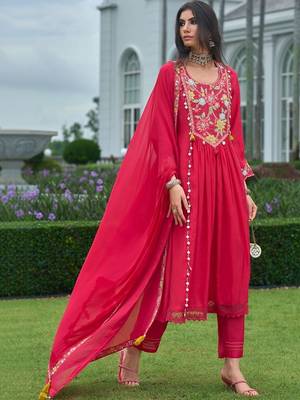 women floral embroidered empire thread work silk kurta with churidar & with dupatta 3