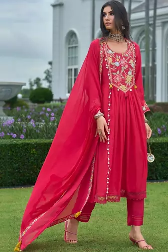 women floral embroidered empire thread work silk kurta with churidar & with dupatta