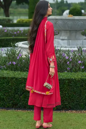 women floral embroidered empire thread work silk kurta with churidar & with dupatta
