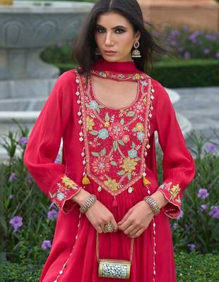 women floral embroidered empire thread work silk kurta with churidar & with dupatta 5