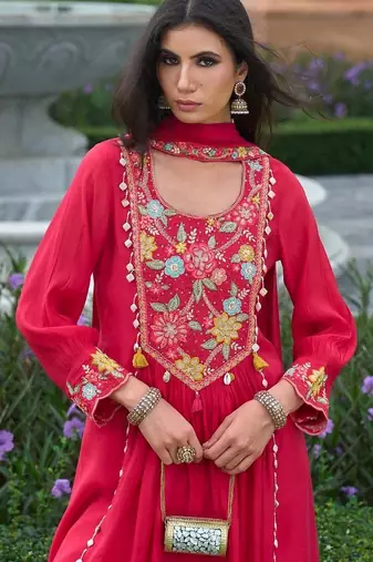 women floral embroidered empire thread work silk kurta with churidar & with dupatta