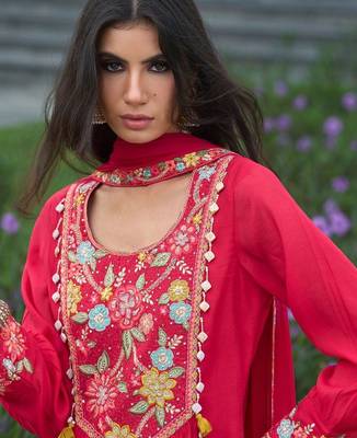 women floral embroidered empire thread work silk kurta with churidar & with dupatta 6