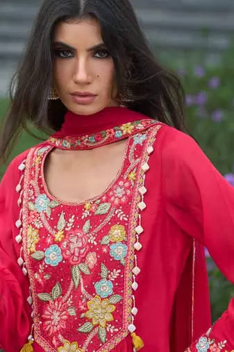 women floral embroidered empire thread work silk kurta with churidar & with dupatta