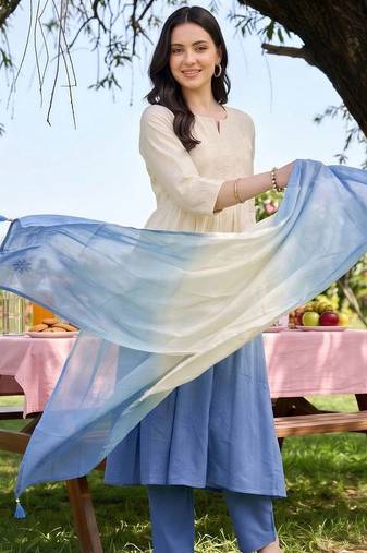 women ethnic motifs embroidered empire thread work cotton kurta with trousers & with dupatta
