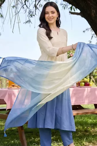women ethnic motifs embroidered empire thread work cotton kurta with trousers & with dupatta