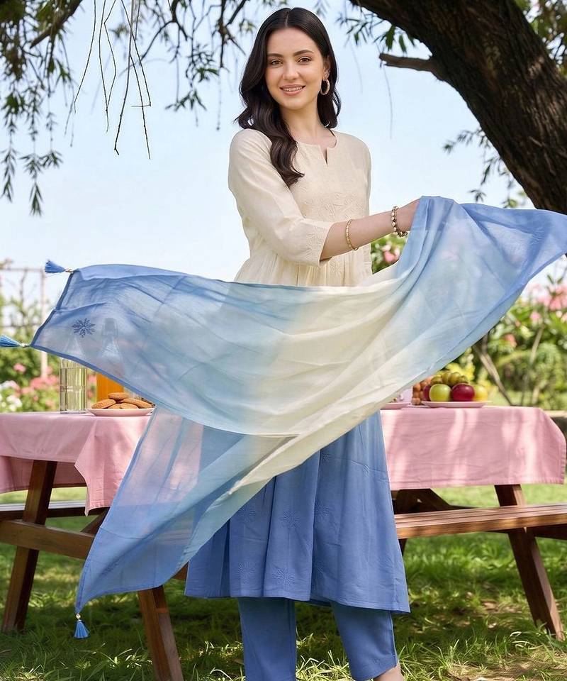 women ethnic motifs embroidered empire thread work cotton kurta with trousers & with dupatta