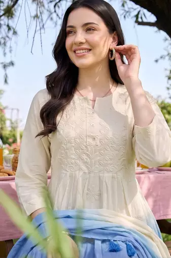 women ethnic motifs embroidered empire thread work cotton kurta with trousers & with dupatta