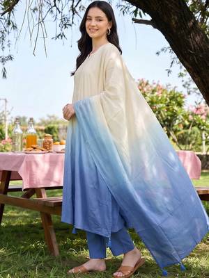 women ethnic motifs embroidered empire thread work cotton kurta with trousers & with dupatta 3