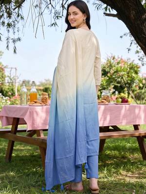 women ethnic motifs embroidered empire thread work cotton kurta with trousers & with dupatta 4