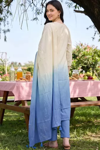 women ethnic motifs embroidered empire thread work cotton kurta with trousers & with dupatta