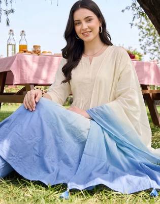 women ethnic motifs embroidered empire thread work cotton kurta with trousers & with dupatta 5