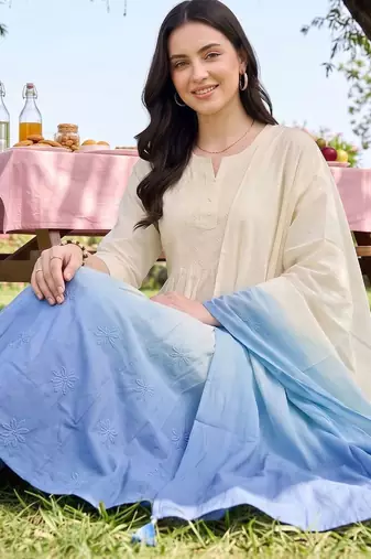 women ethnic motifs embroidered empire thread work cotton kurta with trousers & with dupatta