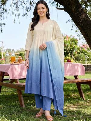 women ethnic motifs embroidered empire thread work cotton kurta with trousers & with dupatta 6